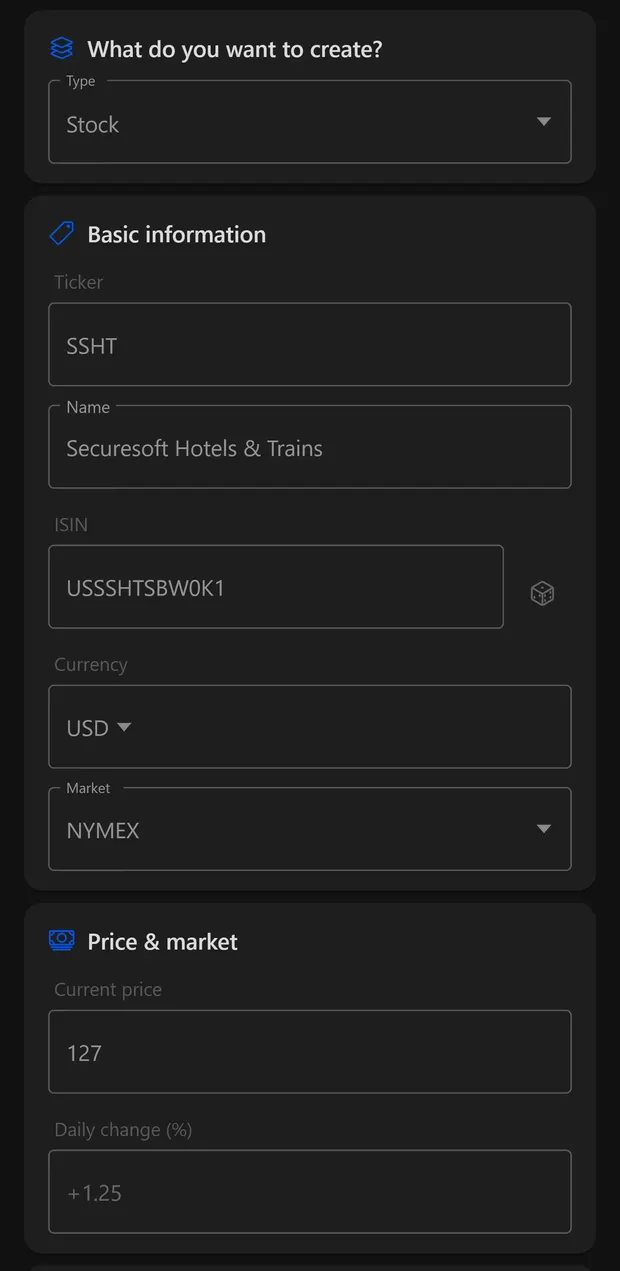 Edit and create mode for an asset in the simulator