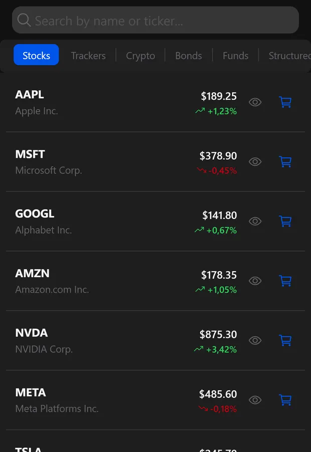 Market catalog of the stock market simulator