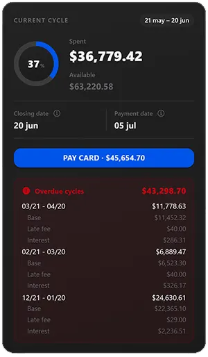 Billing cycle screen with an overdue payment