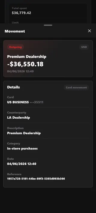 Card movements statement screen in Bank Account Simulator