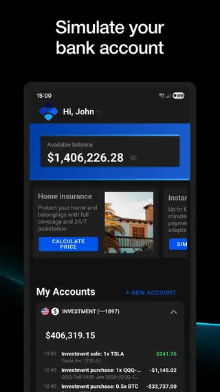 App home screen showing a large balance, investment positions and a home-insurance offer card