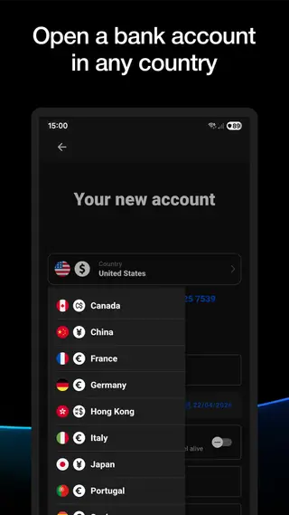 Country picker screen listing flags and currency codes for multiple countries
