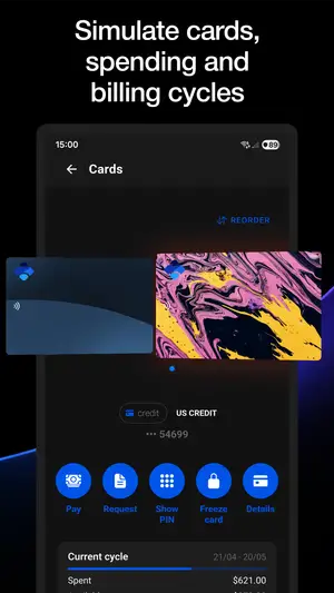 Card management screen showing a Visa credit card with billing cycle progress and recent transactions
