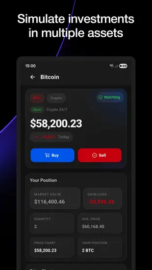Asset detail screen for Bitcoin showing price chart, position size and unrealised profit