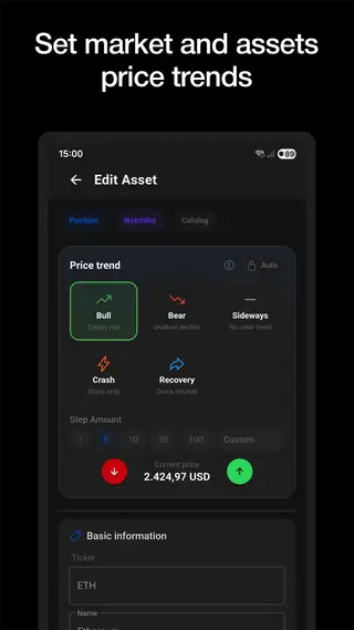 Edit asset screen with Bull / Bear / Sideways / Crash / Recovery trend selector