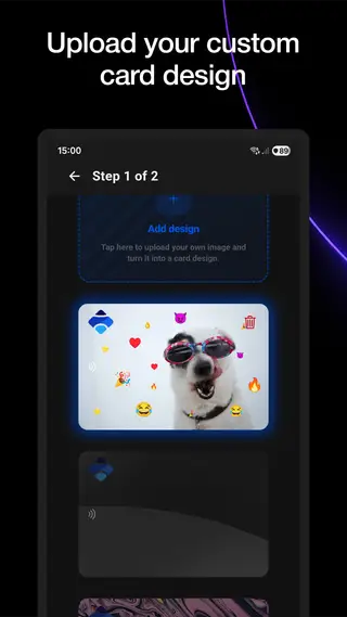 Card design uploader showing a custom image being applied to a bank card mockup