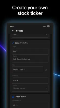 Asset builder form with fields for name, ticker symbol, asset type and dividend settings