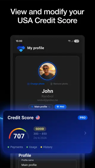 Credit score panel showing a 750 score gauge with payment history and utilisation breakdown