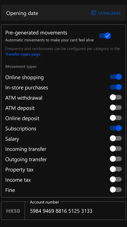 Pre-generated movements screen in Bank Account Simulator