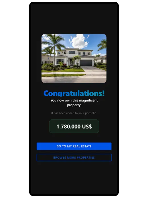Property purchase screen confirming the account and the price
