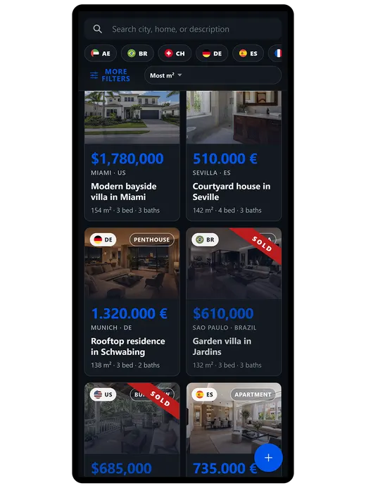 Property market listing with photos, prices and locations