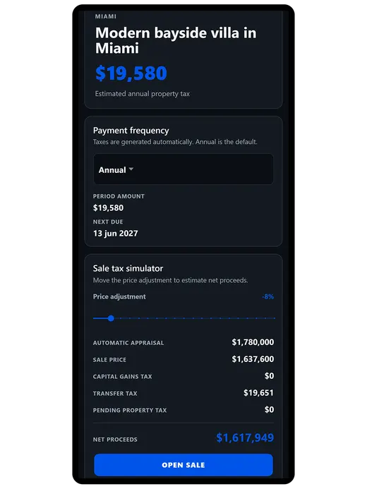 Property tax screen with the amount due and the payment frequency