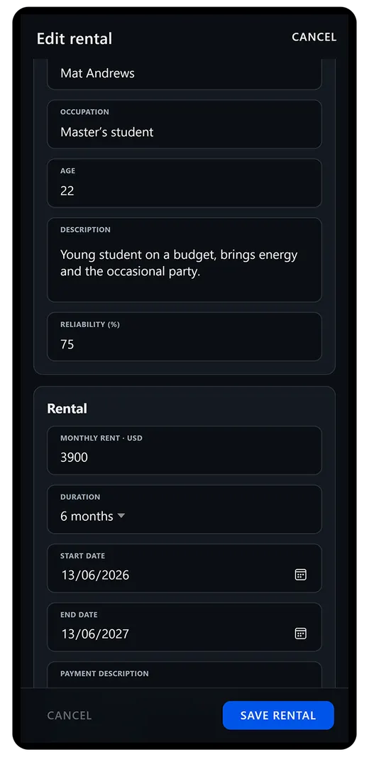 Screen to edit an active lease's details
