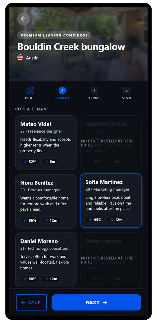 Tenant picker showing candidates with their profile and reliability