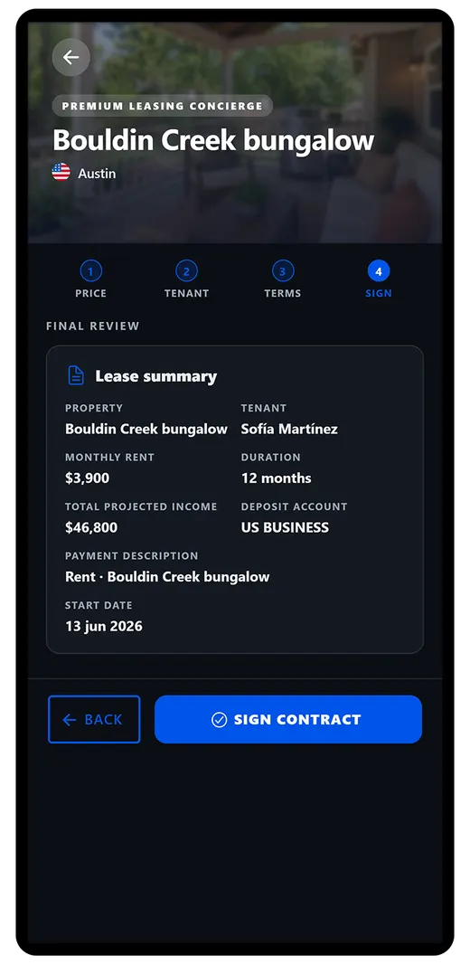 Lease form with the rent, the term and the receiving account