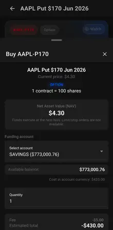 Options position screen showing put contracts